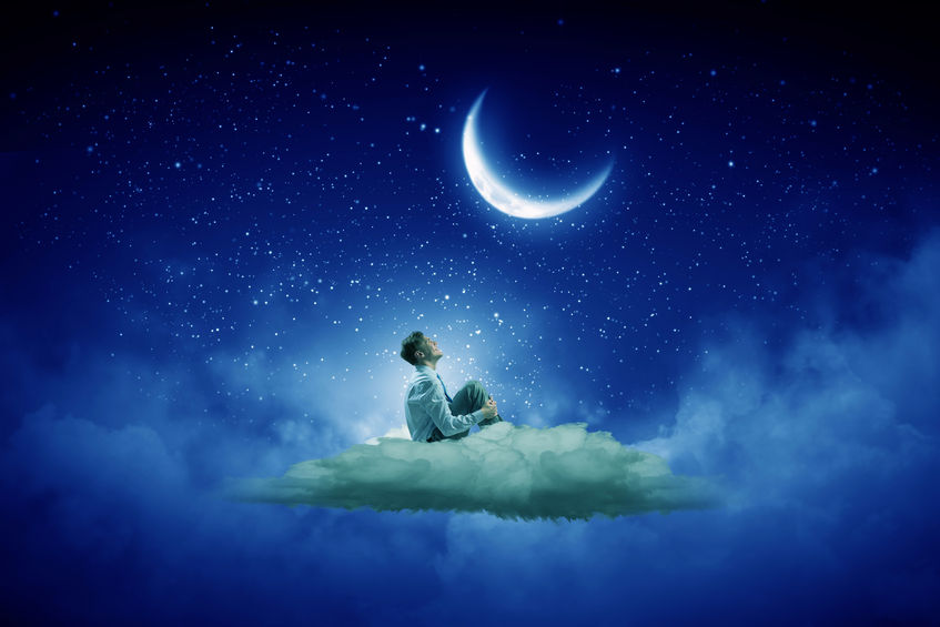 48551377 - businessman in suit sitting on cloud in isolation and looking at moon